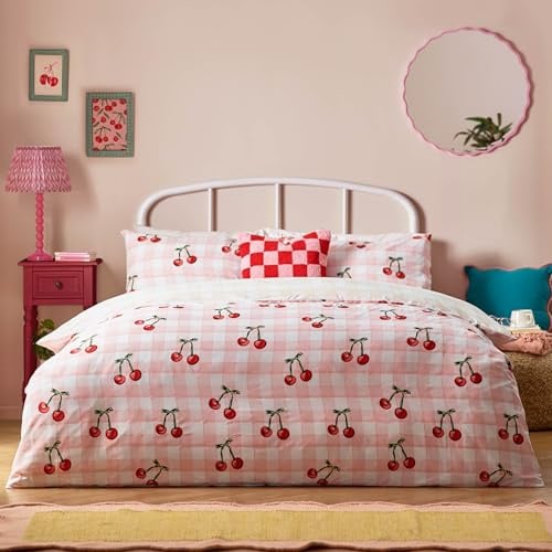 furn. Heya Home Cherry Gingham Duvet Set – Reversible Soft & Durable Polycotton Fruit Bedding (Pink – Single – 137x200cm)