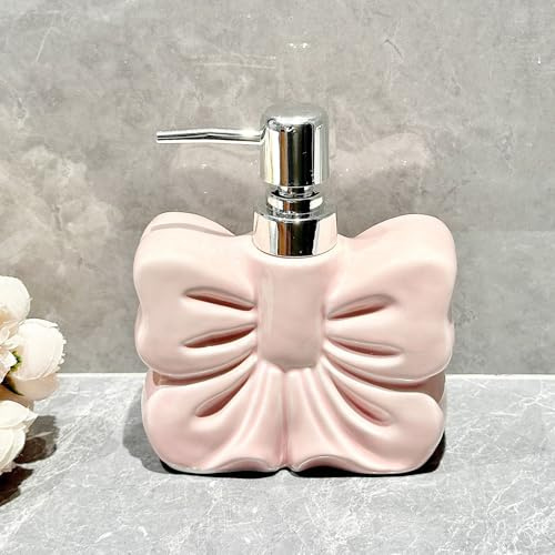 Hosoncovy Bow Ceramic Liquid Soap Dispenser with Pump - Refillable Hand Wash Lotion Jar for Bathroom, Countertop, Kitchen (Pink)