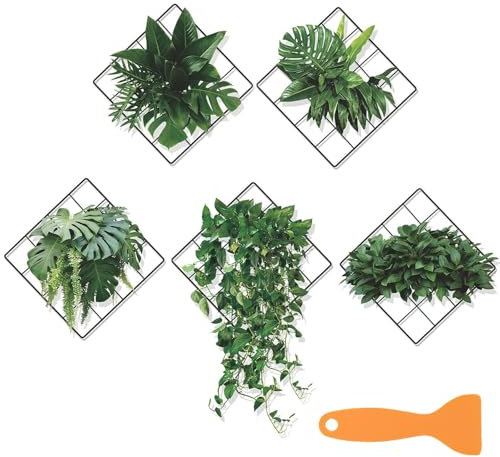 CLKE 5 Pcs 3D Plants Wall Stickers, Green Leaves Grid Wall Stickers, 3D Wall Art Stickers, Removable Realistic Green Wall Stickers with a Brush for Bedroom Living Room Office Kitchen Decorations