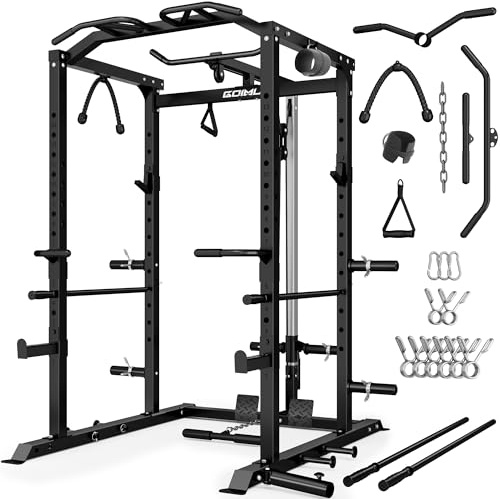 Goimu C1-V4 Power Cage, 2000LBS Squat Rack with LAT Pulldown, Multi-Function Weight Cage Strength Training Machine, Workout Cage with More Attachments for Home Gym Garage (BK C1-V4)