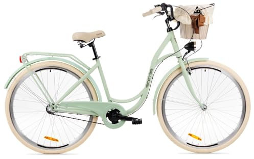 Goetze Style 28 Zoll Damen Citybike, 18 Zoll Tiefeinsteiger Stahlrahmen, 3-Gang Nabenschaltung, Rücktrittbremse, V-Bremse, LED-Beleuchtung, Rattankorb, Komfortsattel, mit Ständer & Klingel