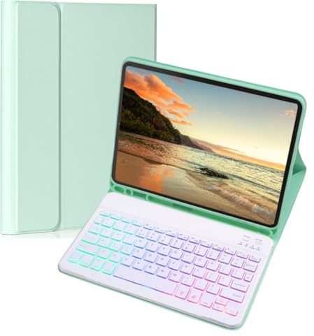 NUWONAYA Keyboard Case for Galaxy Tab S10 Plus/S9 Plus/S9 FE Plus/S8 Plus/S7 Plus/S7 FE 12.4 Inch, 7 Color Rainbow Backlight Detachable Magnetic Keyboard Cover with S Pen Holder,Mint Green