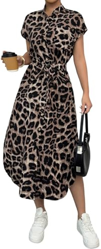 SweatyRocks Blusenkleid Damen Sommer Lang Leo Kleid Maxikleider Sommerkleid Shirtkleid Mit Tasche Business Outfit Leoparden Kleider Mit Knöpfen