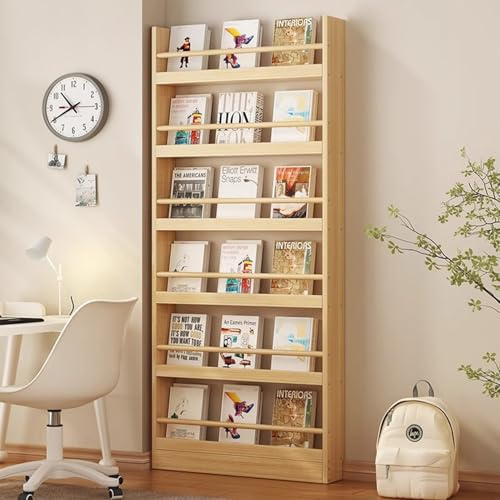 KIZYRQ Bücherregal Kinder, Wandregal mit 6 Ablagen, 60x10x178cm Kinderregal für Bücher Spielzeug, Hängeregal Dekoregal, Lagerung Bücherregal Rack Wand Spielzimmer für Kinder und Erwachsene Holzfarbe