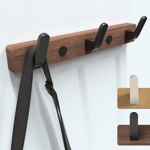 SunVFaFa Kleiderhaken Wand, Garderobenhaken Schwarz Matt 25cm, Garderobenleiste Holz mit 3 Metall Haken, Wandgarderobe, Wandhaken Garderobe, Hakenleiste Hängegarderobe – Walnuss, Aluminium