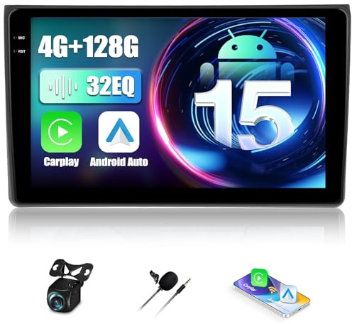 4+128GB Android 15 Autoradio für Audi A4 S4 RS4 B6 B7 8E, 9'' Incell Doppel Din Bildschirm mit Wireless Carplay & Android Auto/Mirror Link/EQ/GPS/Bluetooth/WiFi/SWC/RDS/Rückfahrkamera+MIC