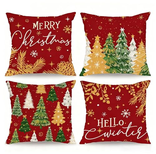 Basitys 4er Set Weihnachtskissen Kissenbezug Weihnachten Sofakissen 50 x 50 cm Christbaumschmuck Kissenhüllen für Sofa Schlafzimmer Deko(50 x 50 cm, 4 Stück)