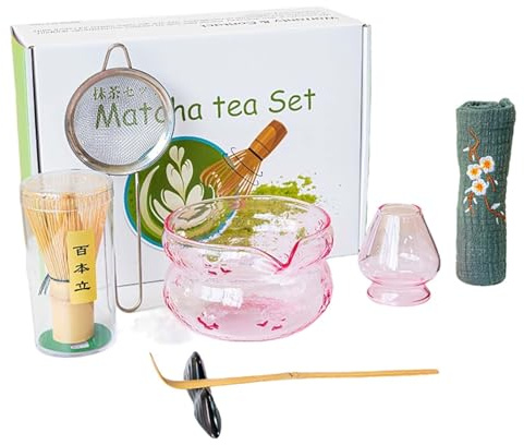 GKXLH Matcha Set - 7 Pcs Glass Matcha Whisk Set, Matcha Kit for Matcha Lovers, Matcha Tea Set Includes Matcha Bowl, Matcha Whisk and Holder, Scoop, Scoop Rest, Sifter and Tea Towel (Pink)