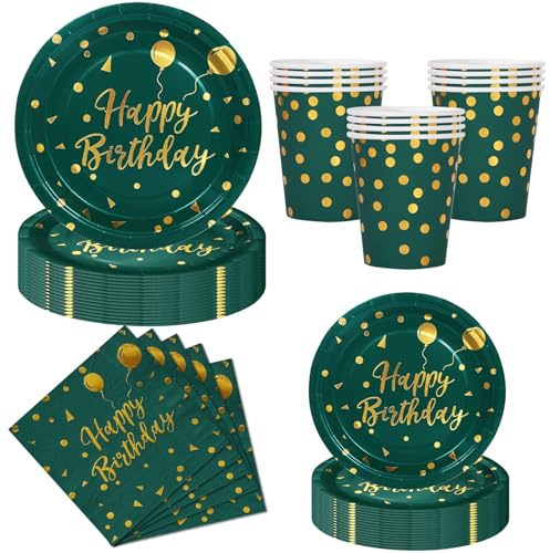 Nkaiso 50 Pcs Dark Green and Gold Birthday Plates and Napkins Set for 10 | Party Tableware Set with Disposable Paper Plates Cups Napkins - Birthday Dinnerware for Celebrations