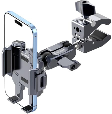 Mechrig Motorrad Handyhalterung,Aluminum Bike Phone Holder with Vibration Dampener & Dual 360° Kugelkopf, One-Click Lock Lenkerklemme for iPhone 17 16 15 Pro Max Samsung, ATV Scooter