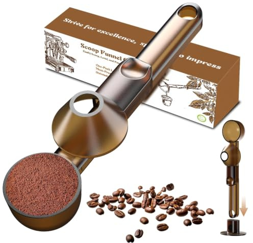 Coffee Scoop with Funnel for Ground Coffee, Protein Powder & Tea, 2 Tbsp | Mess-Free Scoop Funnel for Reusable K-Cup, Countertop Design for Home & Office, Handy Long Handle, Easy to Clean, 1-Pack