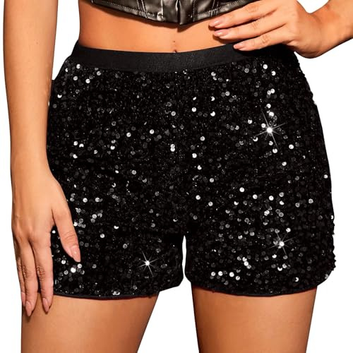 RLEHJN Glitzer Shorts Damen,Disco Party Festival Outfit Pailletten Shorts Kurz Freizeitshort Glitzer Hose Sexy Hotpants Karneval Kostüm Glänzend Pailettenhose Rave Silvester Outfit Faschingskostüme