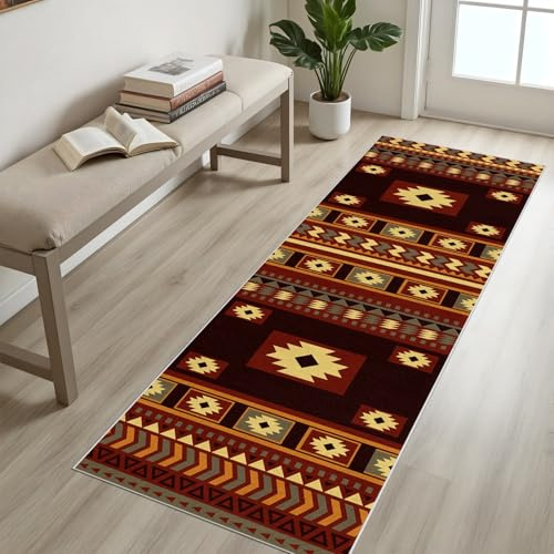 RJHDJSA Westen Teppich 60x180 cm, Natur Landschaft Läufer Flur rutschfest, Azteken Teppich Küche Waschbar rutschfest, Extra Dünn Weich Vintage Küchenteppich für Bettvorleger Schlafzimmer Wohnzimmer