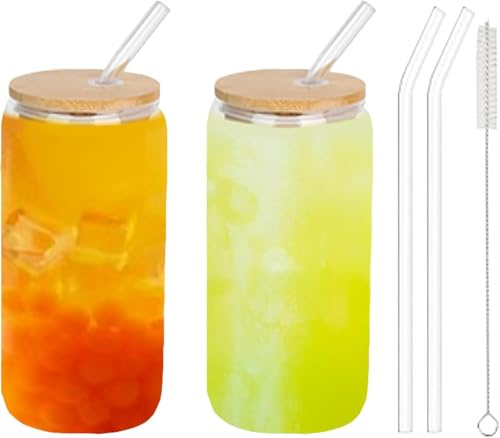 HLGND Reusable Can Shaped Glass Cups with Wooden Lids and Glass Straws, | 480ml Capacity, for Iced Coffee, Smoothies, Beer, Cocktails, Juice, Soda, and Cold Drinks.