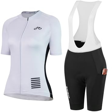 INBIKE Fahrradtrikot Set Damen Bib Shorts Gepolstert + Fahrradtrikot mit 3 Taschen Kurzarm Fahrradbekleidung Radtrikot Fahrradhose Kurz Radlerhose Sommer Atmungsaktiv Schnelltrocknend Lila L