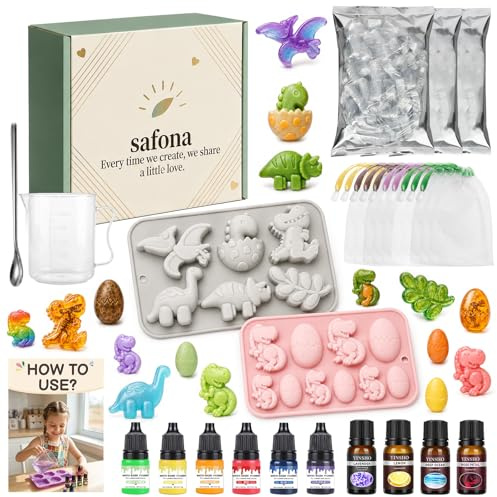 Seife Selber Machen Set Dinosaurier, DIY Seifen Bastelset 750g | 750g Seifenbasis, 6 Dinosaurier- und 10 Dinoei-Formen, 6 Farben, 4 ätherische Öle und 10 Schaumnetze
