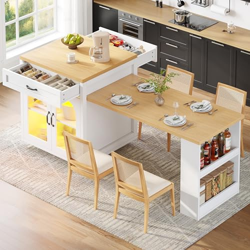 Sapgaks Table à Manger Extensible avec LED et 2 Tiroirs, Îlot de Cuisine avec Rangement et étagères Réglables, Buffet avec Portes en Verre, Table de Bar pour la Cuisine la Salle à Manger Salon, Blanc