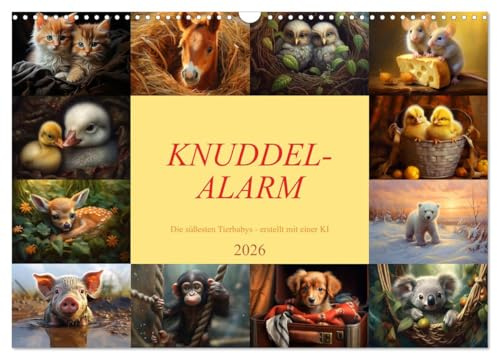 Knuddel-Alarm (Wandkalender 2026 DIN A3 quer), CALVENDO Monatskalender: Die süßesten Tierbabys zum Liebhaben - erstellt mit Hilfe einer KI (CALVENDO Tiere)