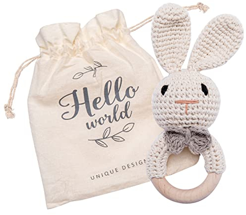 Mamimami Home Gehäkelte Babyrassel Häkeln Holz Greifling Baby Rassel Geschenk zur Geburt Handmade Junge und Mädchen,Geschenk zur Geburt(Hase)