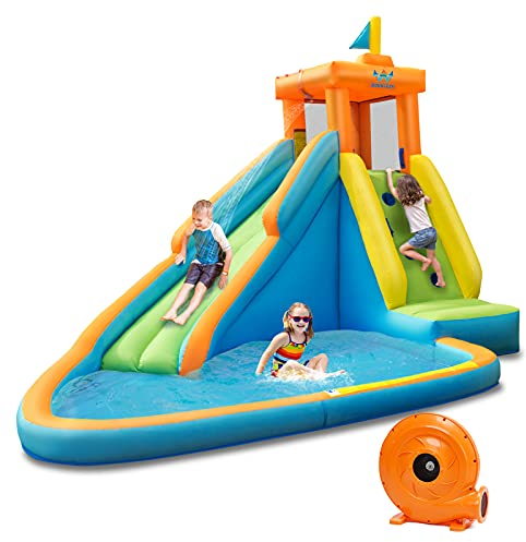 GOPLUS Hüpfburg mit Rutsche, Aufblasbares Planschbecken, Tragbares Klappbares Wasserspielcenter, aus dickem Oxford-Tuch, für Kinder 3 bis 10, für Drinnen Draußen (Flagge, Mit Gebläse)