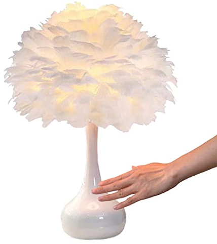 GUANSHAN Elegante Feder-Tischlampe mit weißem Sockel, einfache, romantische und schöne Nachttischlampe, Tischleuchte, Federlampenschirm für Schlafzimmer, Wohnzimmer, Hochzeitsgeschenk