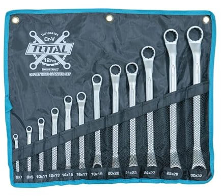 TOTAL - Bolsa con 12 Llaves Fijas Acodadas | Llaves Dobles | Medidas de 6 a 32 mm | Para Apretar o Aflojar Tuercas y Tornillos de Cabeza Hexagonal | Fabricadas en Cromo Vanadio