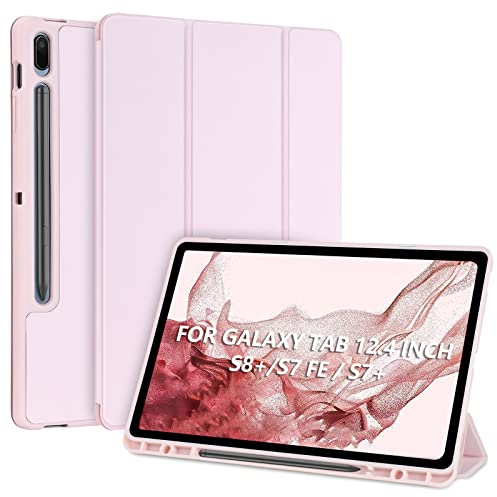Hülle Kompatibel mit Samsung Galaxy Tab S8 Plus/S7 FE/S7 Plus 12,4 Zoll mit S Pen Halter & Auto Schlaf/Wach, Slim PU Leder Schutzhülle mit Standfunktion für Samsung Galaxy Tab S8+/S7 FE/S7+(Rosa)