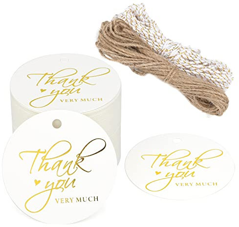 G2PLUS 5CM Thank You Gift Tags, 100 PCS Round White Paper Labels with Gold Thank You, 300g/m² Thank You Tags with String for Wedding Birthday Gift Favors Wrapping
