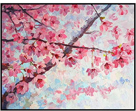 LCDIUDIU Acrylbilder Auf Leinwand Handgemalt, Rosa Textur Kirschblüte Blume Zweig Landschaft Abstrakt Modern Original Handgemalte Ölgemälde Auf Leinwand Für Familie Wand Wohnzimmer Esszimmer Home AR