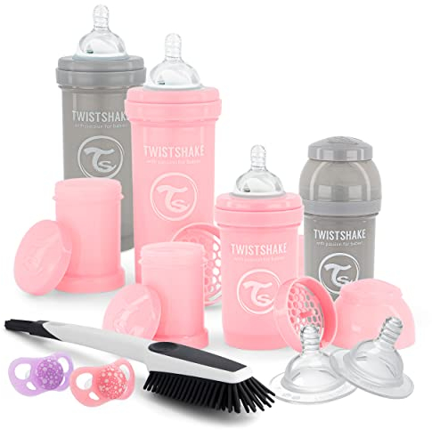 Newborn Anti-Colic Baby Bottle Set with Milk Powder Container and Mixer - 9 Pieces | 4 x Milk Bottles - 2 x Pacifiers - 2 x Teats - 1 x Bottle Brush | BPA-Free | 0m+ | Pink Grey