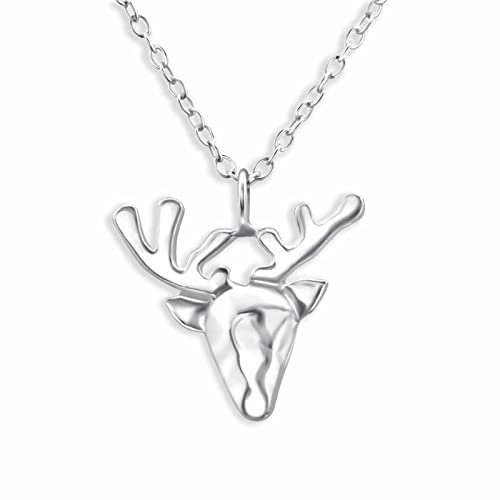 Monkimau Halskette Damen mit Origami Hirsch Anhänger aus 925 Sterling Silber Deer Necklace Silver Women Charm Kette Schmuck Geschenke für Kinder Mädchen Frauen