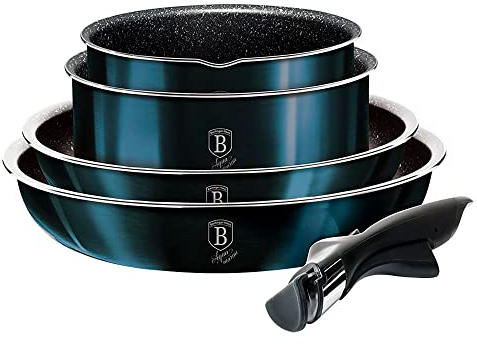 Berlinger Haus Aquamarine Kochtopf-Set, 9-teilig, abnehmbarer Griff, austauschbar, antihaftbeschichtet, ohne PFOA, Aluminium, Töpfe und Pfannen, Glasdeckel + luftdicht, stapelbar