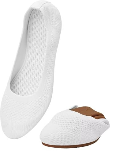 Puxowe Damen Ballerina Runde Zehe Stricken Flache Schuhe Komfort Weich Slip On Ballerina Walking Flats Schuhe für Frauen Niedriger Keil Lässig 37 EU White