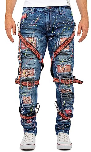 Cipo & Baxx Herren Denim Jeans mit markanten Biker- und Cargo-Details | Verschiedene Designs mit Destroyed-, Stone-Washed- und Cargo-Details, Ziernähten, Taschen und Reißverschlüssen