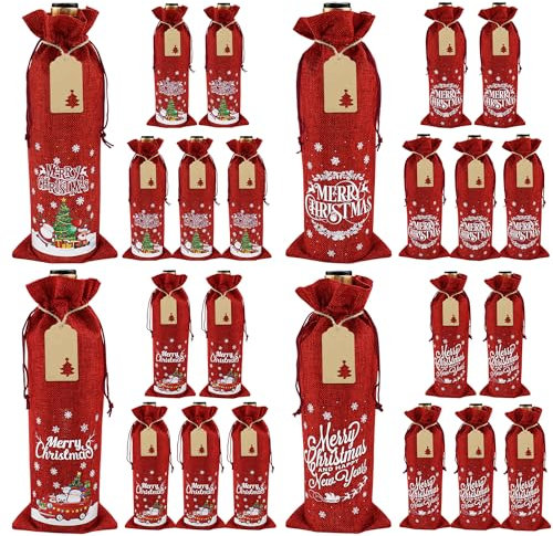 24 Stück Jute-Weinbeutel – wiederverwendbare Weinflaschen-Geschenktüten, Weihnachtsmann, Schneemann, Geschenktüte mit Kordelzug, Weinschutzbeutel für Reisen, Party, Hochzeit, Neujahr, Weihnachten