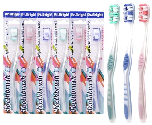 DR.BRIGHT Zahnbürsten für Erwachsene, mittelgroß, 6 Stück, mittlere Zahnbürste für Erwachsene, mit Zungenschaber und ergonomischem Griff, Einzelverpackung, Reisezahnbürste, BPA-frei, verschiedene
