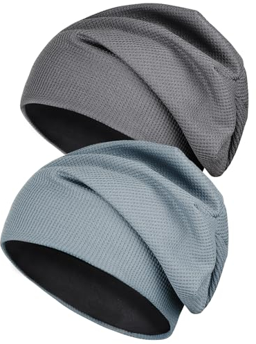 Kieswan 2 Pack Beanie Herren Mütze Damen, Slouch Dünne Mütze Unisex Caps, Elastische Laufmütze Chemo Mütze für Warme Herbst Winter(Blau, Dunkelgrau)