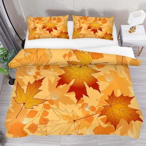 Pechiwuo Bettwäsche 135x200 cm Ahornblatt Bettwäsche-Set Winter Bettbezug Weiche Mikrofaser Bettzeug Set 3D Herbst Kinderbettbezug 135x200 cm + 2 Kissenbezug 80x80 cm J437