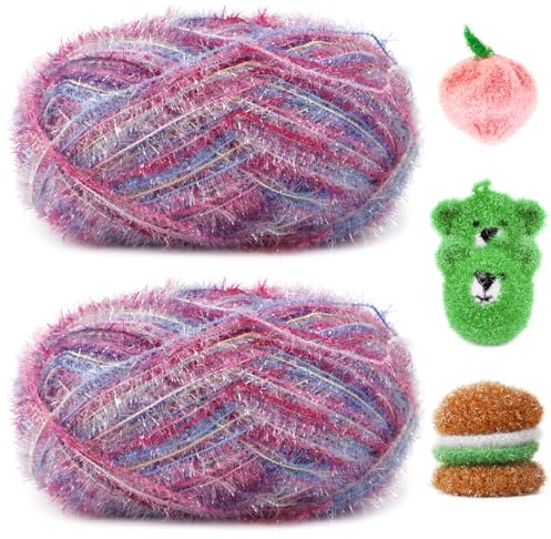 Uiopa Schwammgarn, 200g(2 x 100g, 2 x 200m) Glitzer Spülschwammgarn Häkel Bubble-Garn, Flauschige Schwammwolle Garn zum Häkeln Stricken Spültücher Badeschwämme Dekoration DIY Crafts
