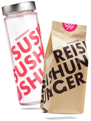 REISHUNGER Sushi Reis – 1 x 600 g – Sorte: Selenio – inkl. Reisglas | Rotes Reisglas für praktische Aufbewahrung