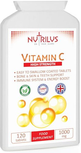 Nutrilus Vitamin C 120 Tablets 1000mg - Coated Tablets - High Strength - UK Made - Immune System Support - Bones Skin Teeth