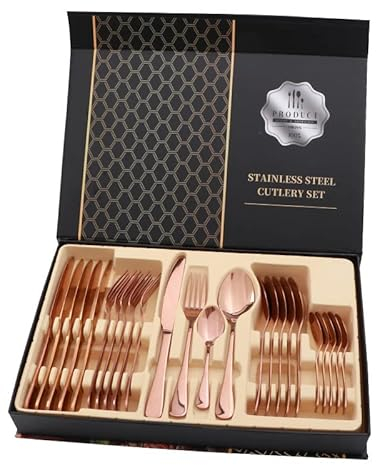 Set Di Posate In Acciaio Inossidabile Lucido 24 Pezzi Set Coltello Forchetta Cucchiaio Per Ristorante (Oro rosa)