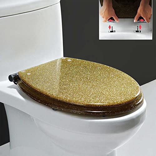 Toilet Seat Glitter Toilet Seat Soft Close Toilet Seats with Quick Release And 360°Adjustable Hinges, Top-Fix And Bottom-Fix Fittings, Easy To Install And Clean, Resin Toilet Seat, Oval,Gold ( Color :