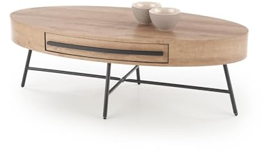 Design Couchtisch oval HA-100 Eiche Gold - Schwarz matt Schublade Tisch, Farbe:Eiche Gold - Schwarz matt