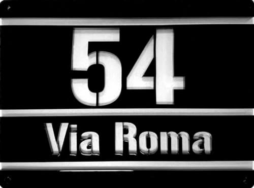 Numero Civico in piastra di alluminio composto rigido di spessore 3,5mm con sopra Plexiglass nero - Targa con numero e via/nome personalizzata Omologata a rilievo