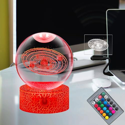 Laysinly 3D Solar planet Space Glas Orb Saturn 3D LED Nachtlicht Kristallkugel USB Charge Fernbedienung 16 Farbe Dimmbar Glow Desk Decor für Kinder Teen 3.15 Zoll