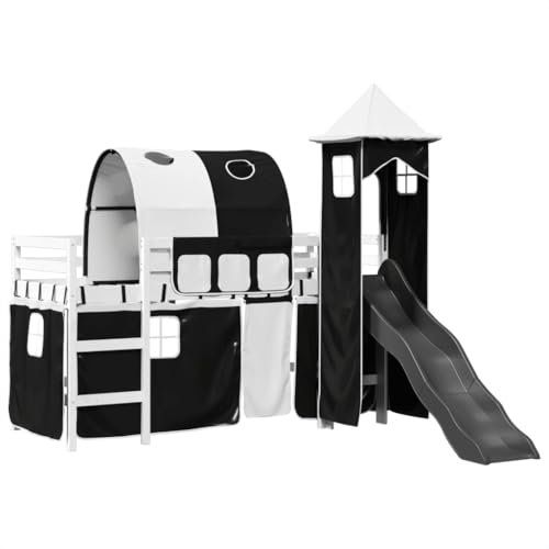 vidaXL Kinderhochbett mit Turm, Hochbett mit Rausfallschutz, Kinderbett mit Leiter Rutsche, Spielbett Etagenbett, Weiß Schwarz 90x200cm Massivholz Kiefer