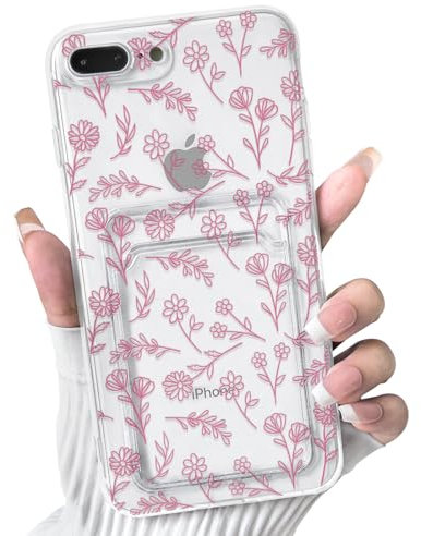 NITITOP Compatible with iPhone 7 Plus / 8 Plus Case Clear with Card Holder Cute Flower Floral Leave Pattern for Women Girl Soft TPU Shock-absorbing Wallet Case Protective Phone Cover - Pink