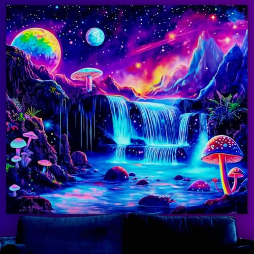 WEBEEDY Glow In The Dark Wasserfall Wandteppich Lila Galaxy Pilz Landschaft Wandteppiche UV Reaktiv Ästhetischer Leuchtender Wandbehang Für Schlafzimmer Wohnzimmer 130x150cm