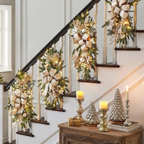 LUCKCDUO Christmas Staircase Wreath Decoration with String Lights, Christmas Staircase Swag For Stairs Fireplace Xmas Decorations(gold)